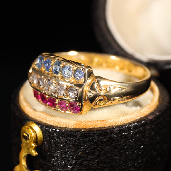 The Antique 1903 Edwardian Ruby, Diamond and Sapphire Ring