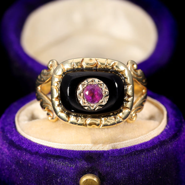 The Antique Early Victorian Amethyst and Black Onyx Mourning Ring