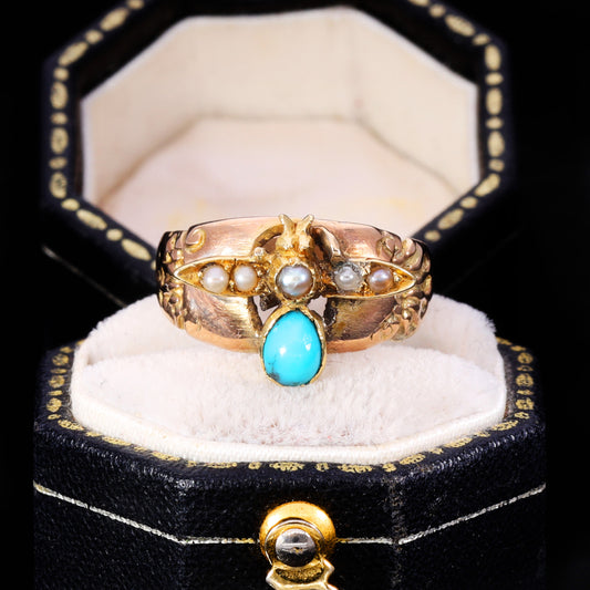 The Antique Early 20th Century Turquoise and Split Pearl Fly Ring