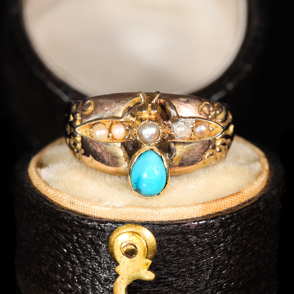 The Antique Early 20th Century Turquoise and Split Pearl Fly Ring