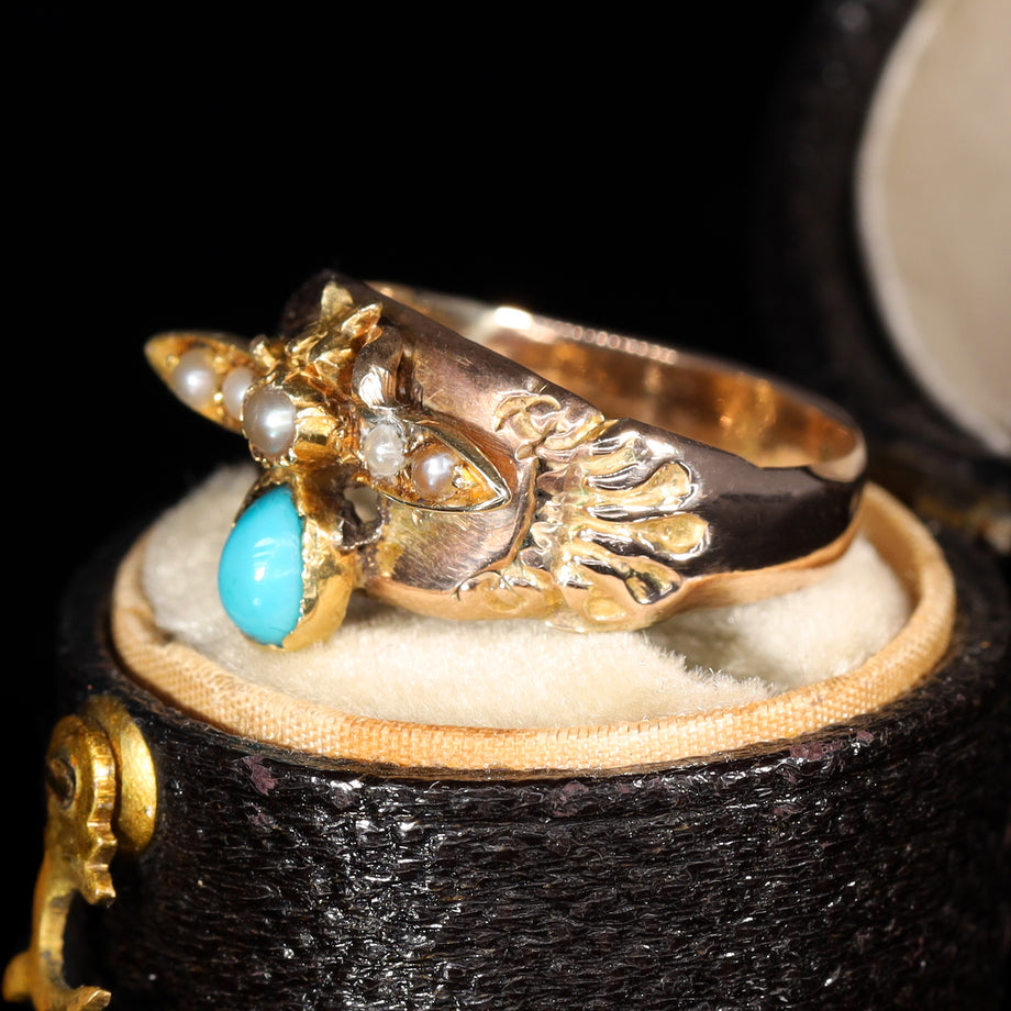 The Antique Early 20th Century Turquoise and Split Pearl Fly Ring