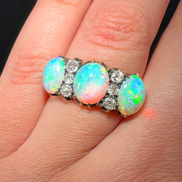 The Antique Victorian Opal and Old European Cut Diamond Ring