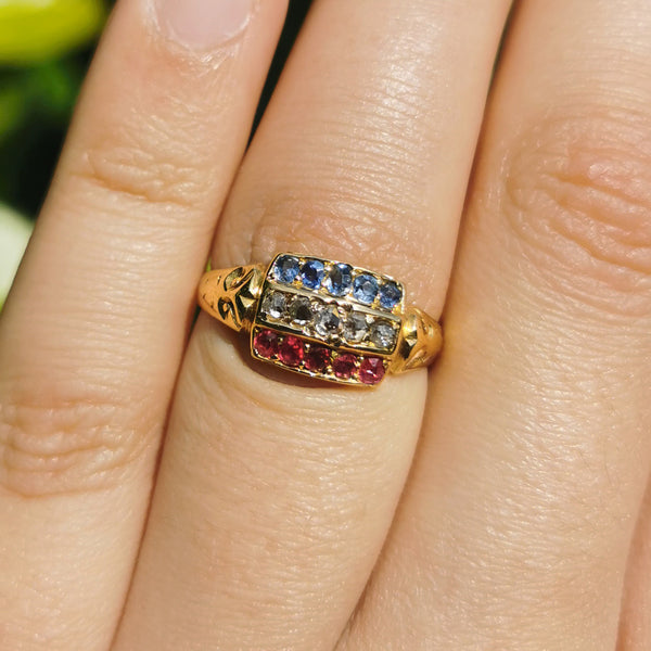 The Antique 1903 Edwardian Ruby, Diamond and Sapphire Ring - Antique Jewellers