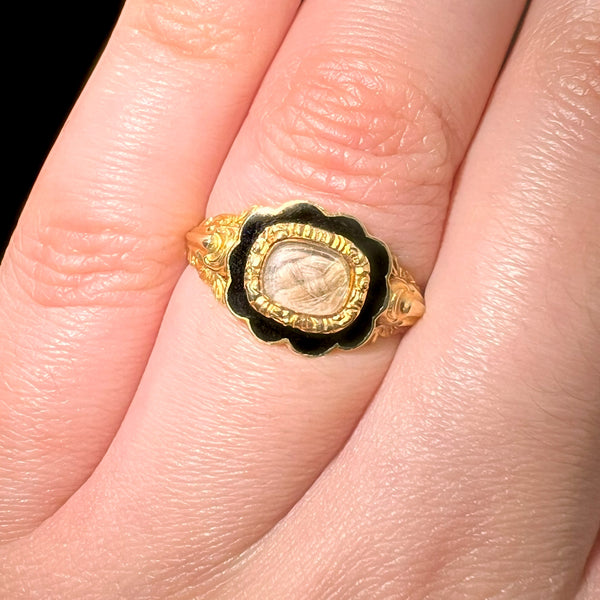 The Antique Victorian 1847 18ct Gold Blonde Hair Mourning Ring