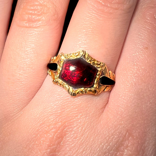 The Antique Georgian 1820 Garnet Cabochon Foliate Mourning Ring