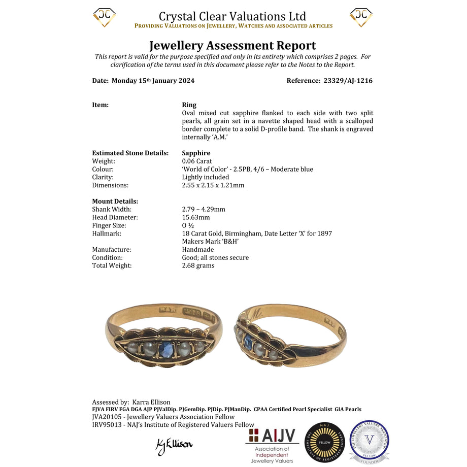 The Antique 1897 Sapphire and Pearl Boat Ring - Antique Jewellers