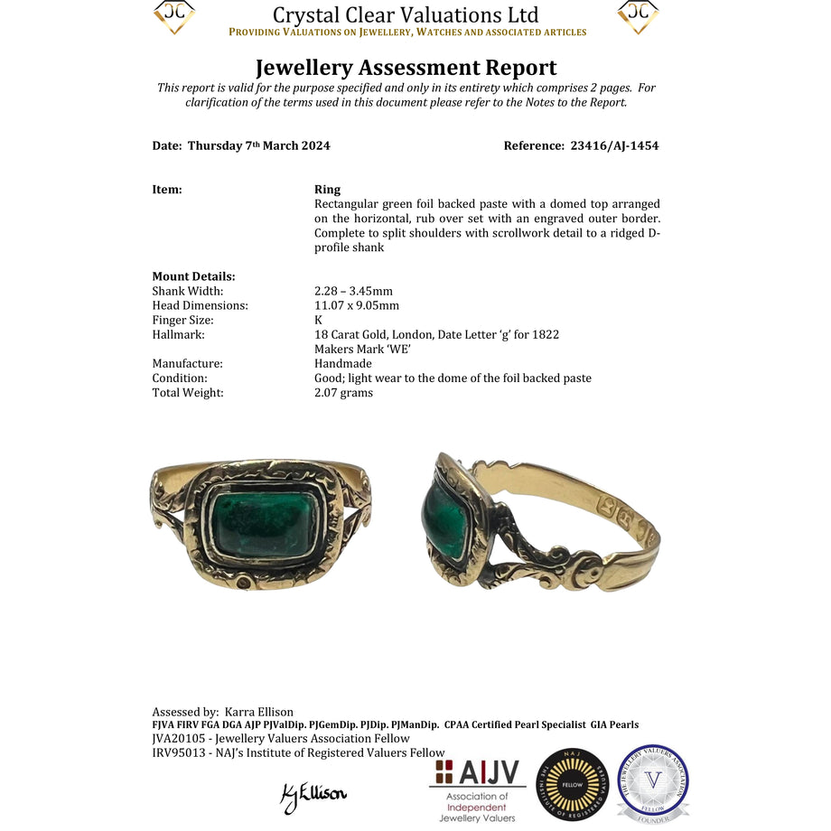 The Antique Georgian 1822 Foil Backed Green Paste Ring - Antique Jewellers