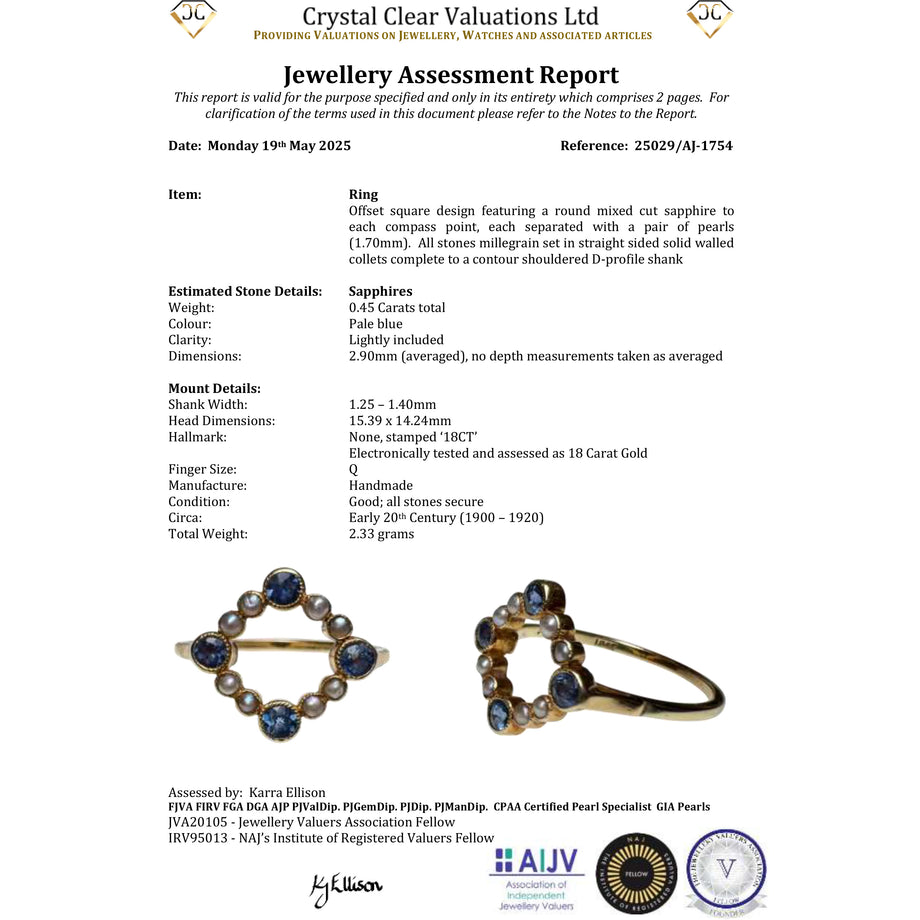 The Antique Edwardian Sapphire and Pearl Geometric Ring