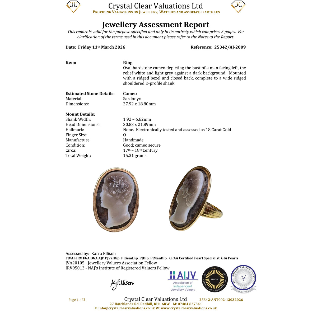 Crystal Clear Valuations jewellery assessment report