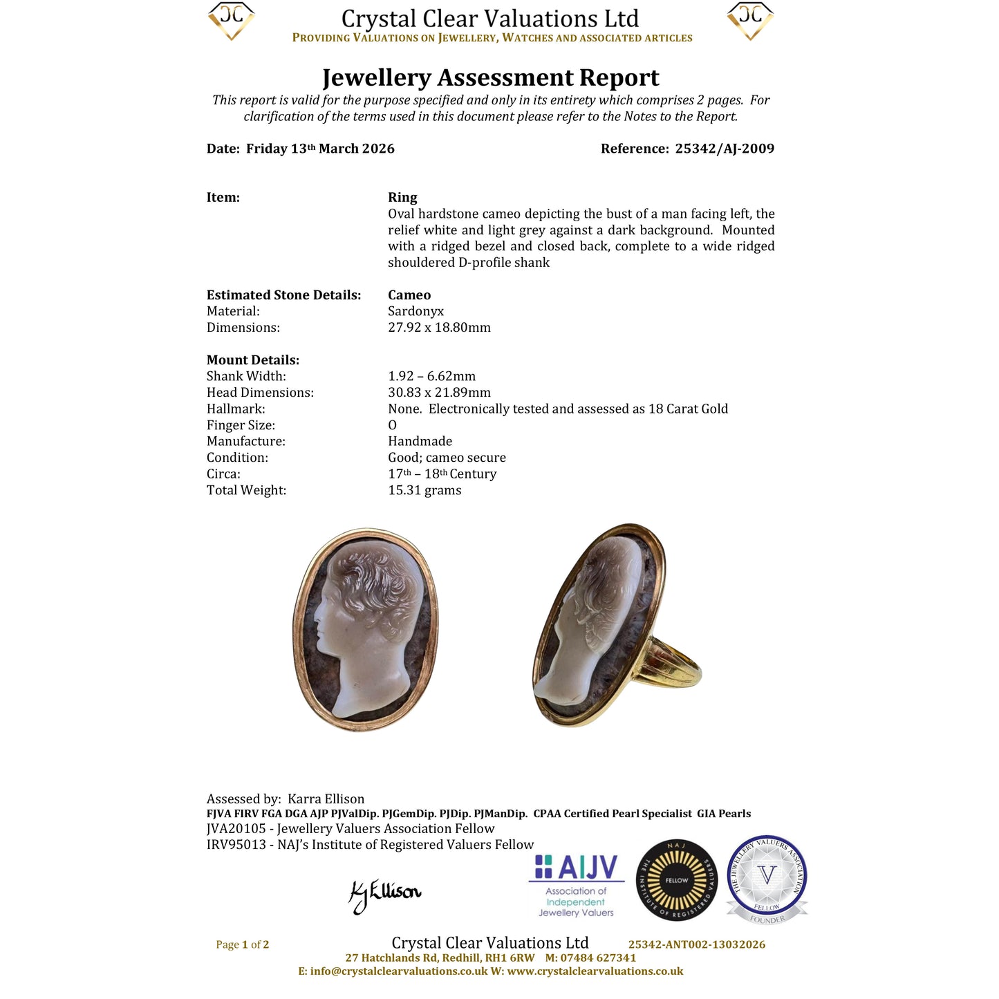 Crystal Clear Valuations jewellery assessment report