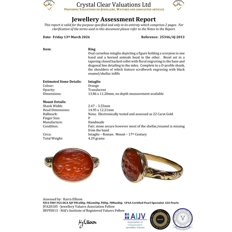 The Ancient Roman Carnelian Stag and Scorpion Intaglio Ring