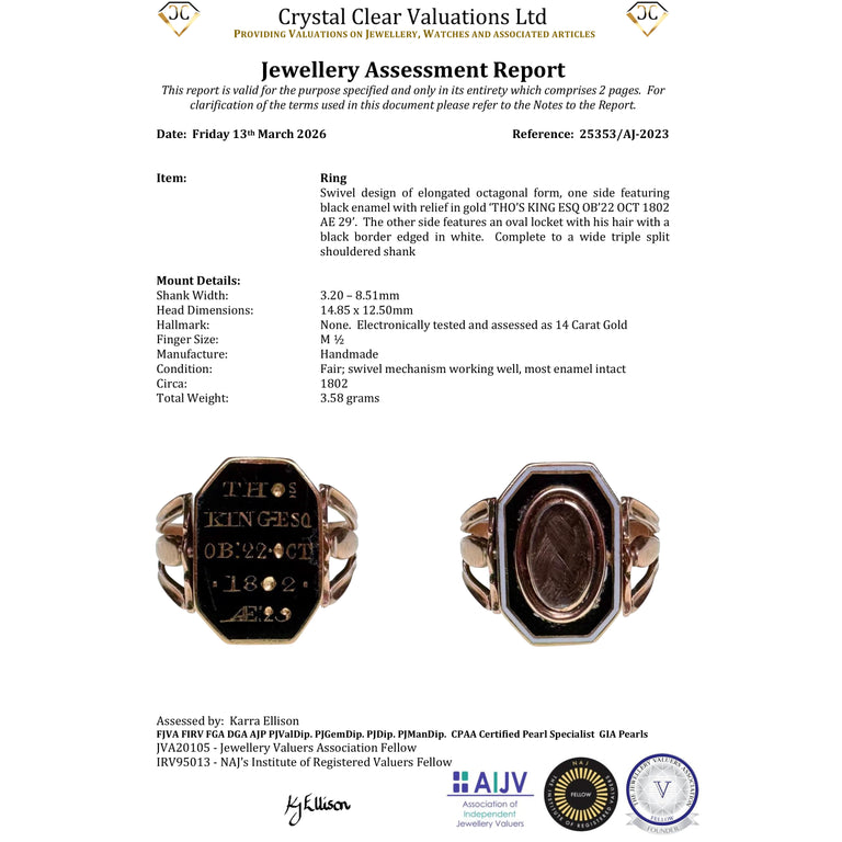 The Antique Georgian 1802 Swivel Brunette Hairwork Enamel Mourning Ring