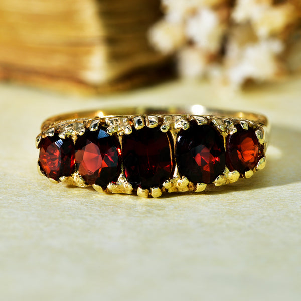 The Vintage 1979 Five Stone Garnet Crimson Ring - Antique Jewellers