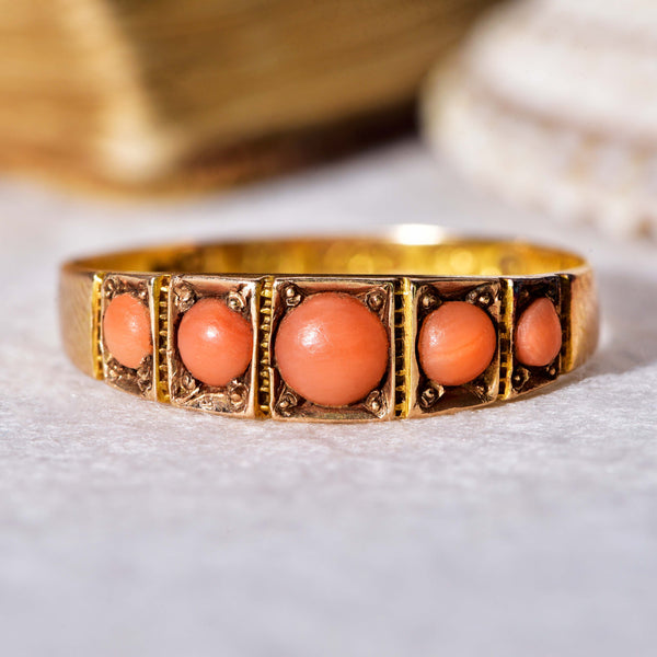 The Antique Victorian 1875 Five Stone Coral Ring