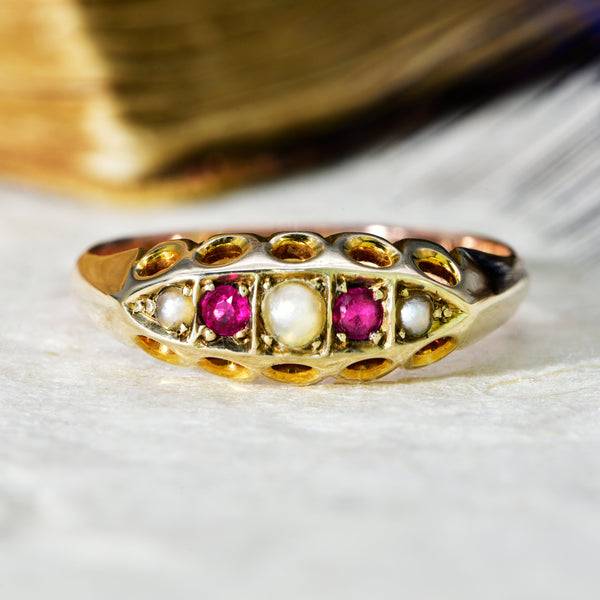 The Antique 1911 Pearl and Ruby Boat Ring - Antique Jewellers