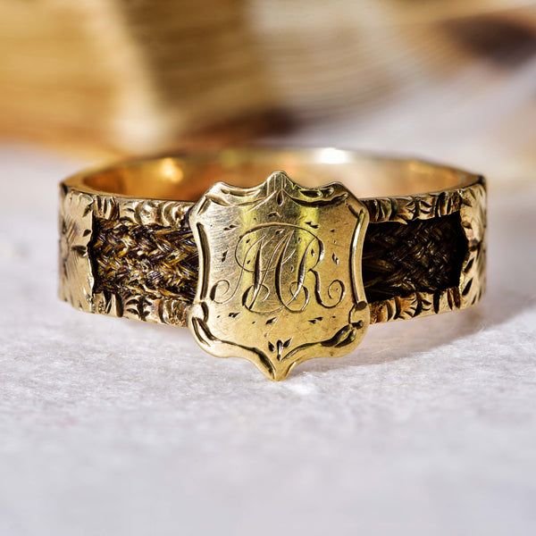 The Antique Victorian 'M.R' Initials and Hairwork Mourning Ring - Antique Jewellers