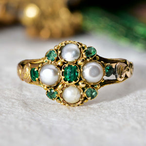 The Antique Early Victorian Emerald and Pearl Blossom Ring - Antique Jewellers