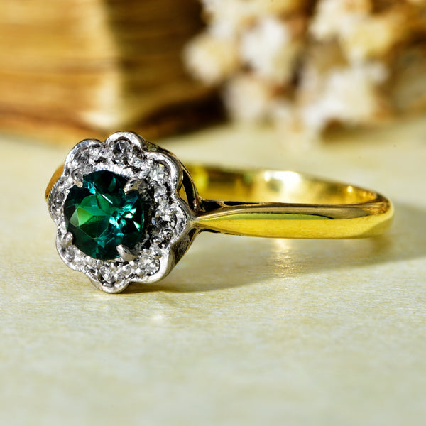 The Vintage Green Gemstone and Diamond Daisy Ring - Antique Jewellers