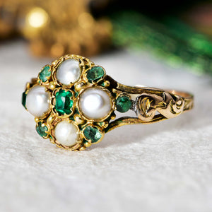 The Antique Early Victorian Emerald and Pearl Blossom Ring - Antique Jewellers