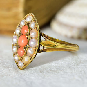 The Antique Late Victorian Coral and Pearl Navette Ring - Antique Jewellers