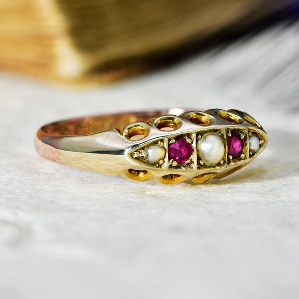 The Antique 1911 Pearl and Ruby Boat Ring - Antique Jewellers