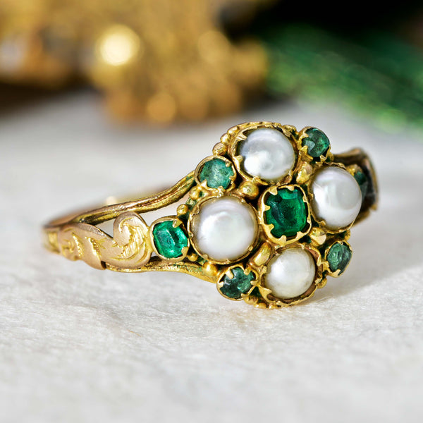 The Antique Early Victorian Emerald and Pearl Blossom Ring - Antique Jewellers