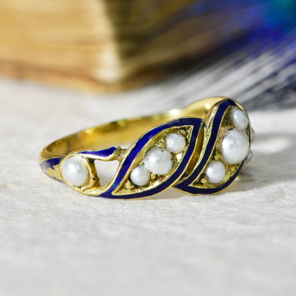 The Vintage Pearl and Blue Enamel Flourish Ring - Antique Jewellers