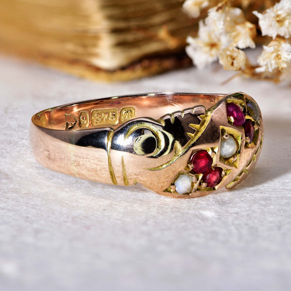 The Antique 1902 Pearl and Ruby Scroll Ring - Antique Jewellers