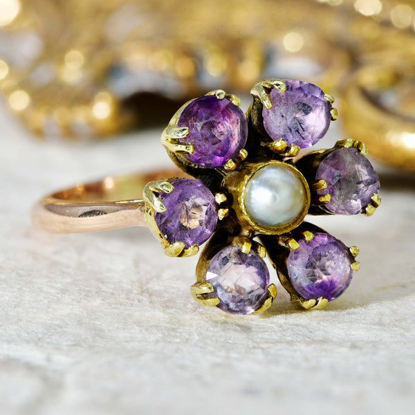 The Vintage Amethyst and Pearl Flowerhead Ring - Antique Jewellers