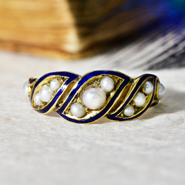 The Vintage Pearl and Blue Enamel Flourish Ring - Antique Jewellers