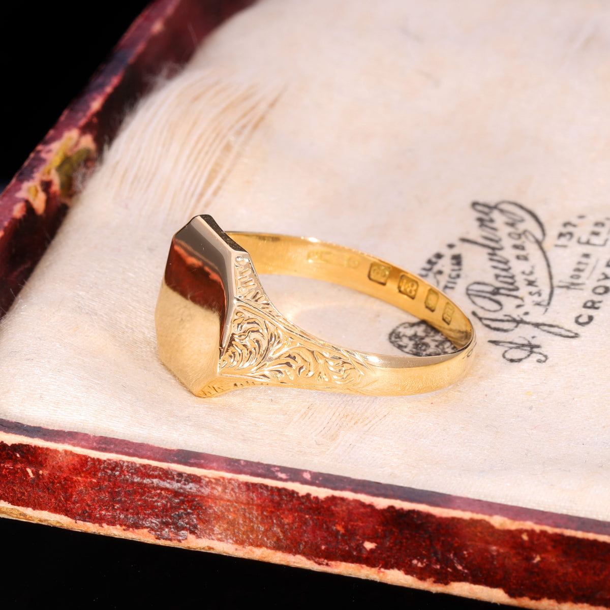 Side view showing foliate-engraved shoulders on Victorian 18ct gold signet ring