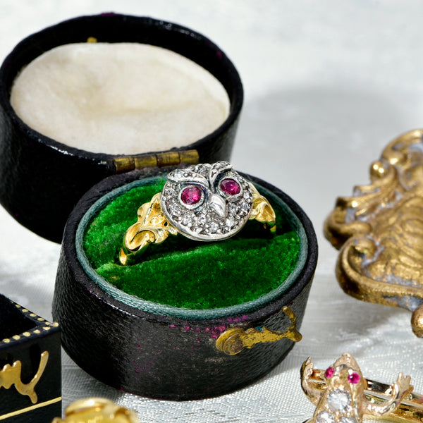 The Antique Ruby & Diamond Owl Ring - Antique Jewellers