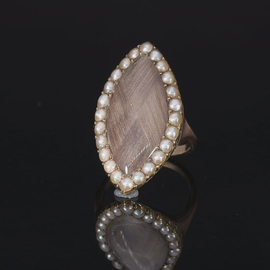 The Antique Early Victorian Hairwork And Pearl Navette Mourning Ring