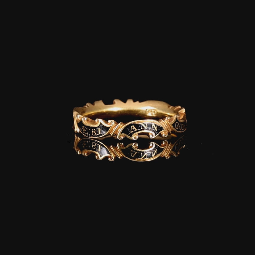 The Antique Georgian 1752 Black Enamel Scrolling Mourning Ring