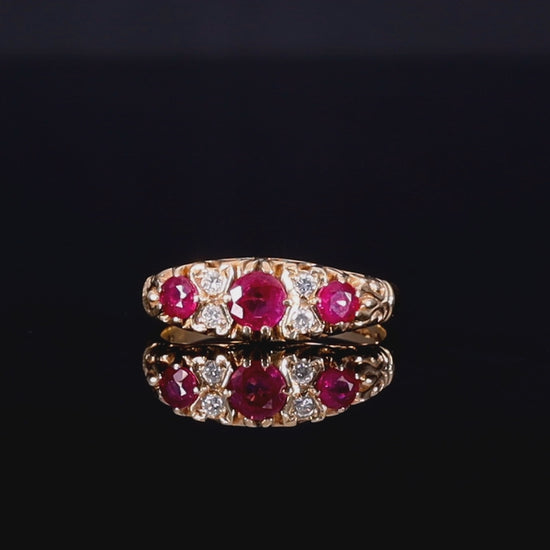 The Vintage 9ct Gold Three Ruby And Diamond Scrollwork Ring