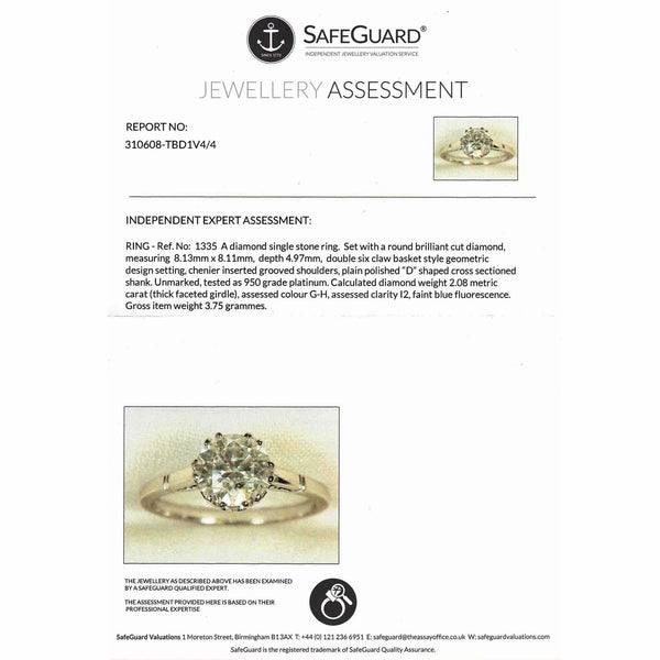 The Vintage 2.08ct Brilliant Cut Solitaire Diamond Platinum Ring - Antique Jewellers