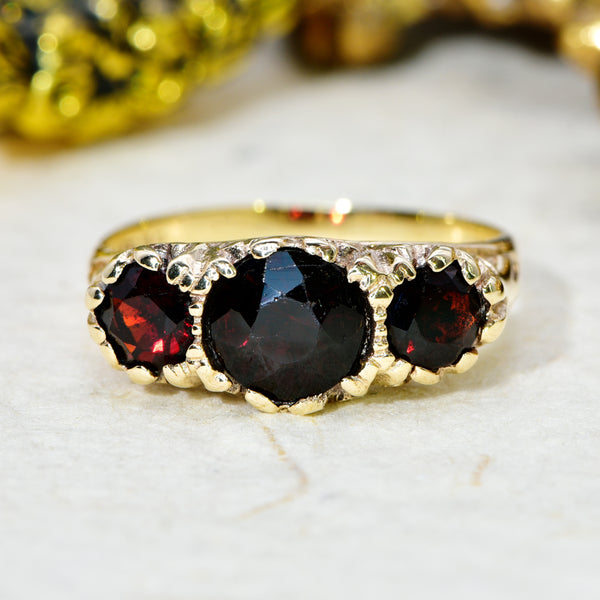 The Vintage 1994 Three Garnet Ornate Ring - Antique Jewellers