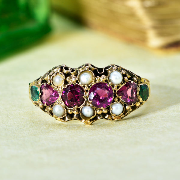 The Vintage 1948 Pearl, Emerald and Garnet Baroque Ring - Antique Jewellers