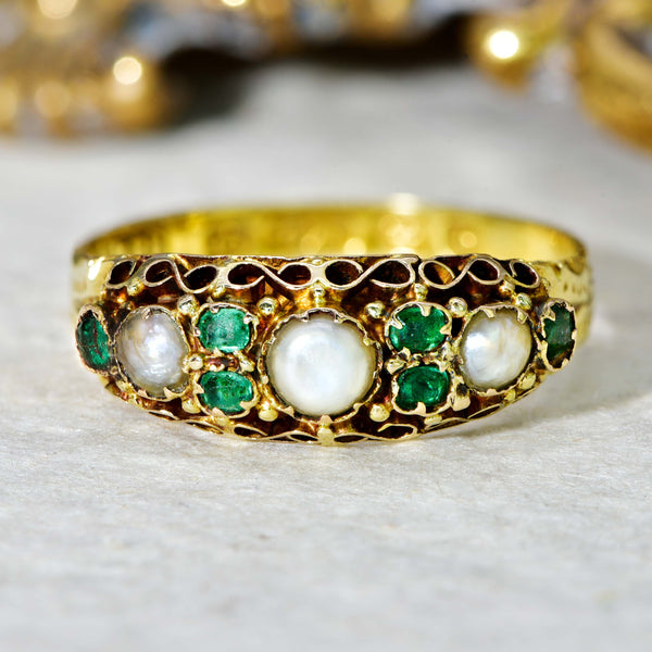 The Antique Victorian 1876 Emerald and Pearl Baroque Ring - Antique Jewellers