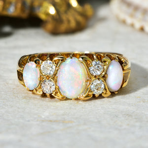 The Antique Late Victorian Three Opal and Four Diamond Ring - Antique Jewellers