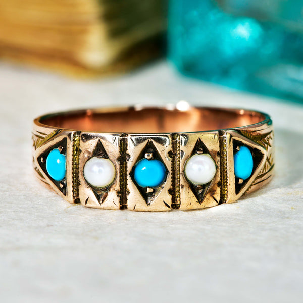 The Antique 1876 Victorian Turquoise and Pearl Dreamy Ring - Antique Jewellers