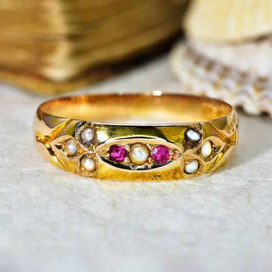 The Antique 1890 Victorian Ruby and Split Pearl Tapered Ring - Antique Jewellers