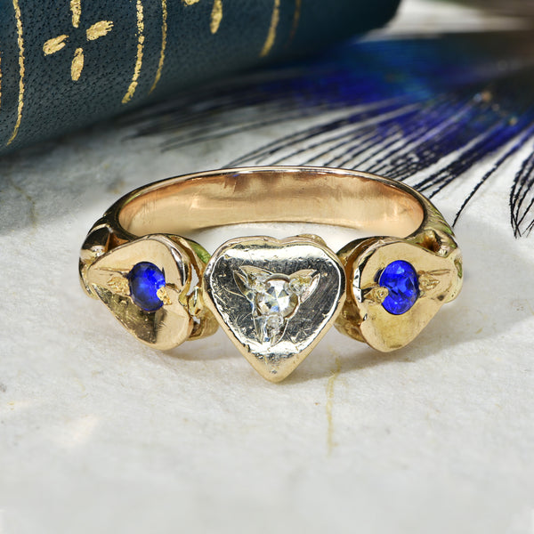 The Vintage Diamond and Blue Stone Heart Ring - Antique Jewellers