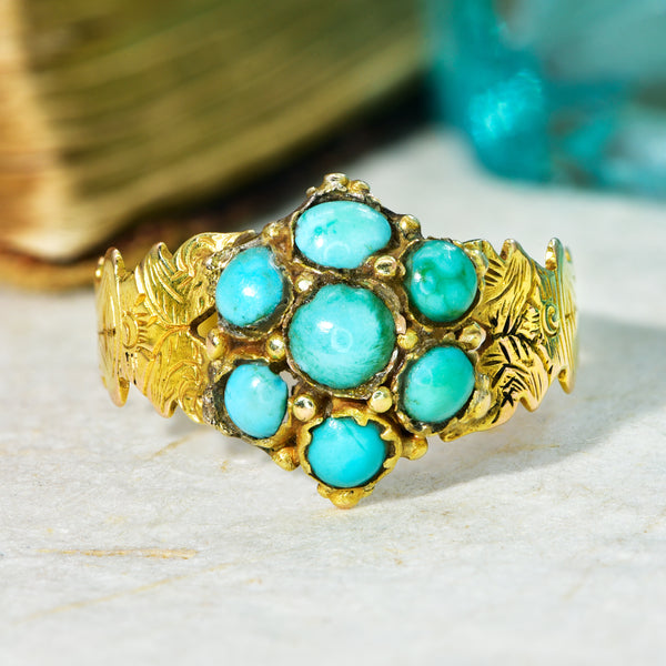 The Antique Victorian 1868 Seven Turquoise Ring - Antique Jewellers