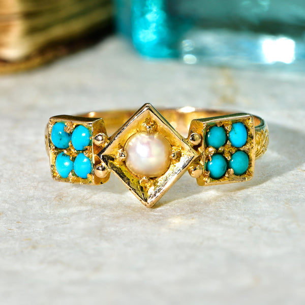 The Antique Victorian 1874 Pearl and Turquoise Ring