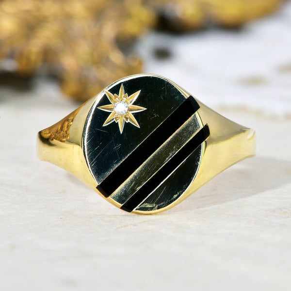 The Vintage Single Cut Diamond and Two Stripe Signet Ring - Antique Jewellers