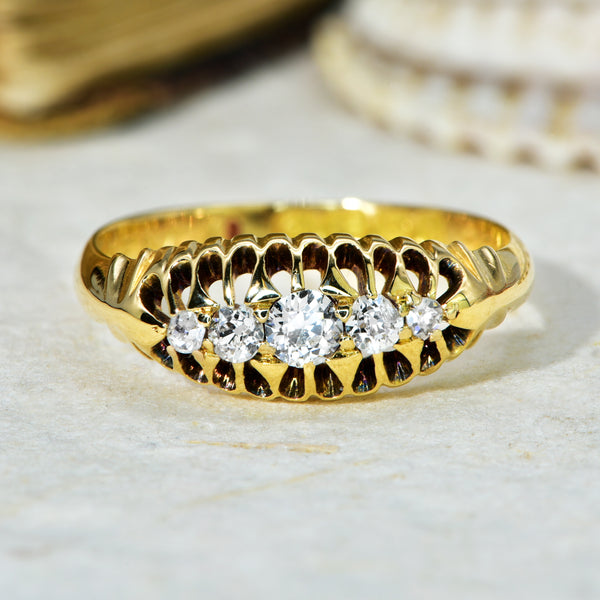 The Antique Edwardian Engraved Gold & Five Diamond Ring - Antique Jewellers