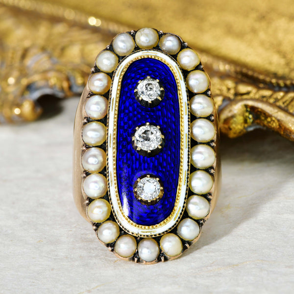 The Antique 1789 Georgian Diamond, Pearl and Enamel Mourning Ring