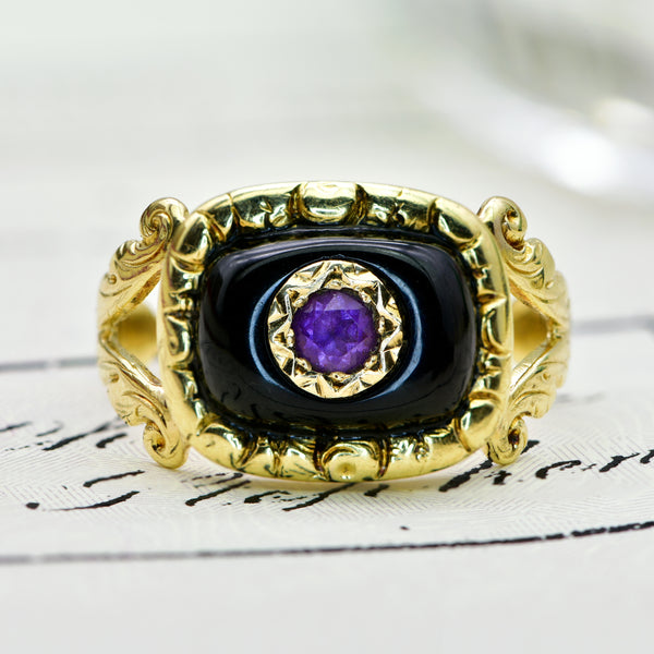 The Antique Early Victorian Amethyst and Black Enamel Mourning Ring - Antique Jewellers