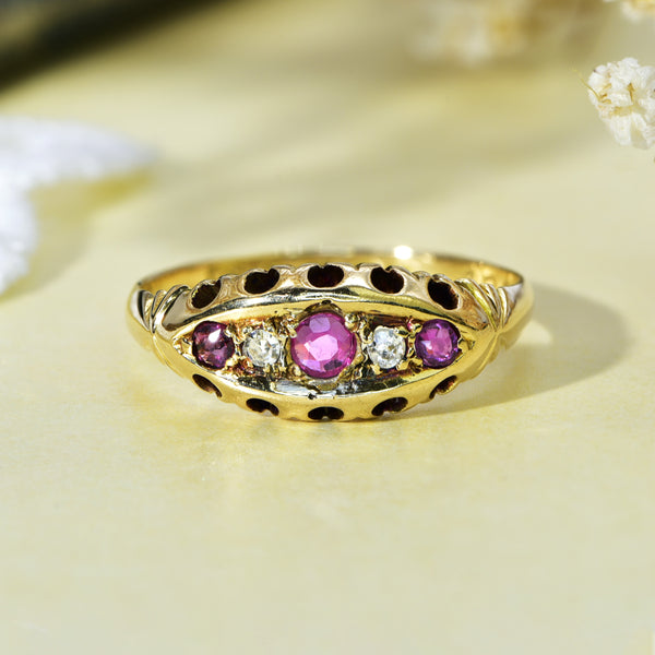 The Antique 1908 Edwardian Old Mine Cut Diamond and Ruby Ring - Antique Jewellers